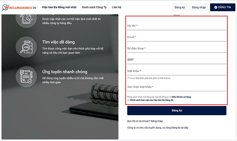 Điền các thông tin mà hệ thống yêu cầu sau đó nhấn "đăng ký"