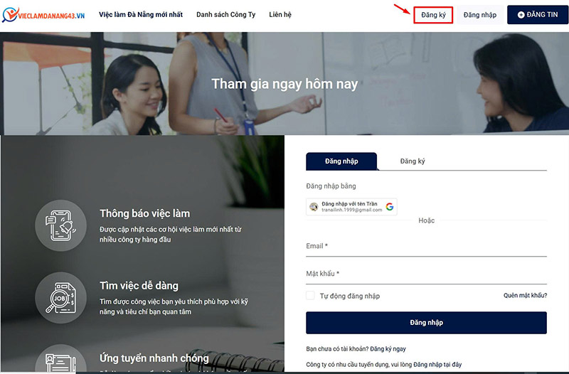 Click vào "đăng ký" tại góc trên cùng bên phải website
